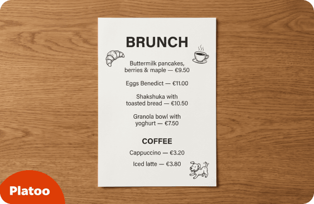 Carta de brunch impresa con pequeñas ilustraciones dibujadas a mano de un cruasán, una taza de café y un perro junto a los platos y los precios