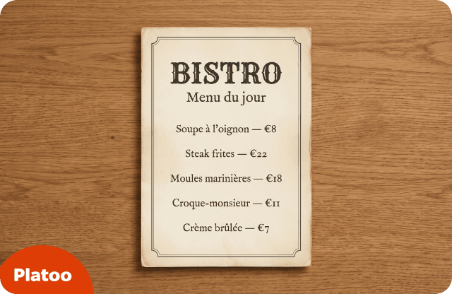 Menú del día de bistró de estilo vintage en papel crema envejecido, con un fino marco doble, un titular ornamentado y platos franceses con sus precios
