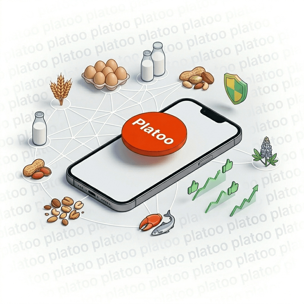 Infographic of priority food allergens for Platoo digital menus: classification of the TOP 14 food groups by prevalence and reaction severity for guest safety.