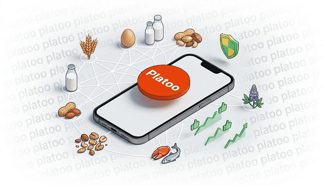 Infografik zum Platoo-System: digitales Menü auf dem Smartphone mit Symbolen für 14 Hauptallergene (Milch, Nüsse, Getreide) und Sicherheitselementen für Restaurants.