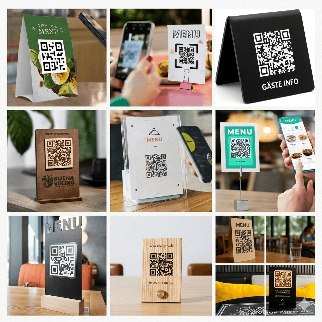 Examples of Platoo QR code placement on various media: acrylic table tents, laser-engraved wooden stands, and metal holders in a modern restaurant interior for quick menu access.