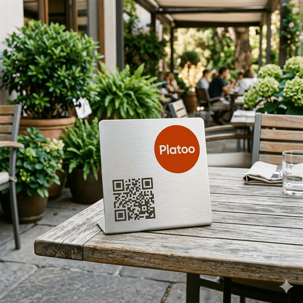 A sleek metal plate with an engraved Platoo QR code on a cafe's outdoor terrace table.