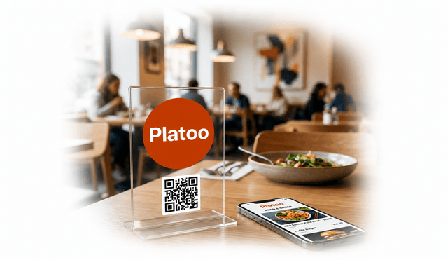 Bild des digitalen Platoo-Ökosystems: Beispiel für professionelle QR-Code-Platzierung auf einem Acryl-Tischaufsteller in einem modernen Restaurant.
