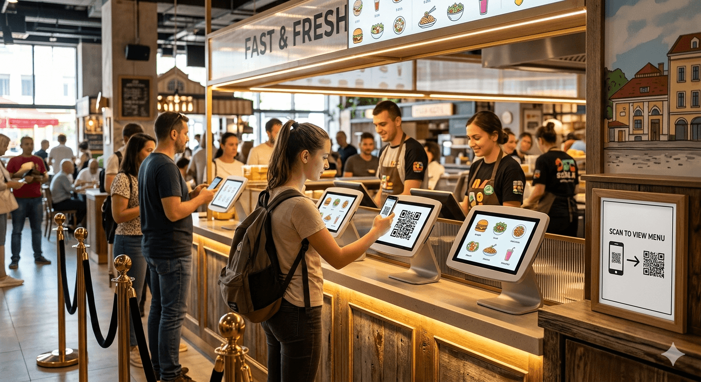 Platoo QR code near the cash register for quick dish selection in line.