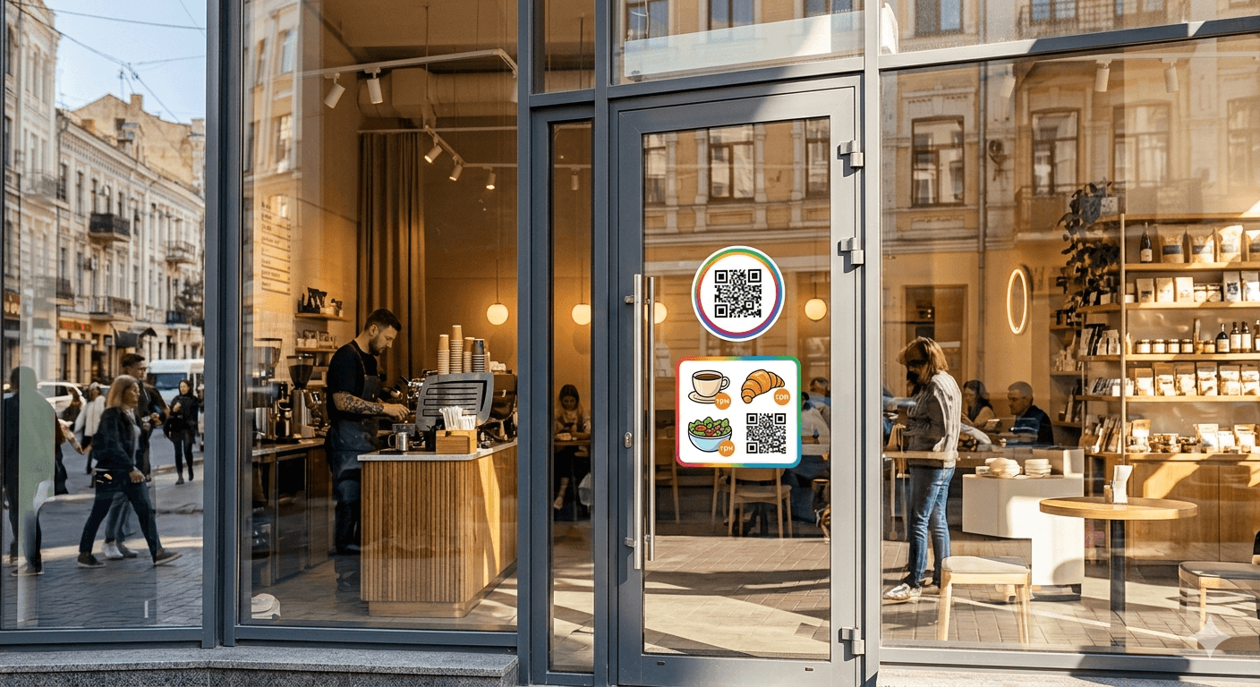 Transparent Platoo QR menu sticker on the glass entrance door of a restaurant.