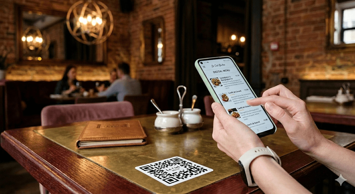 Compact Platoo QR code sticker on the edge of a wooden cafe table.
