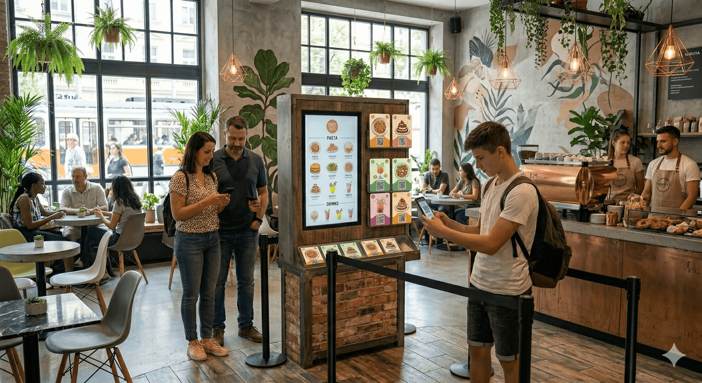 A poster in the restaurant's waiting area with a QR code to explore the Platoo menu.