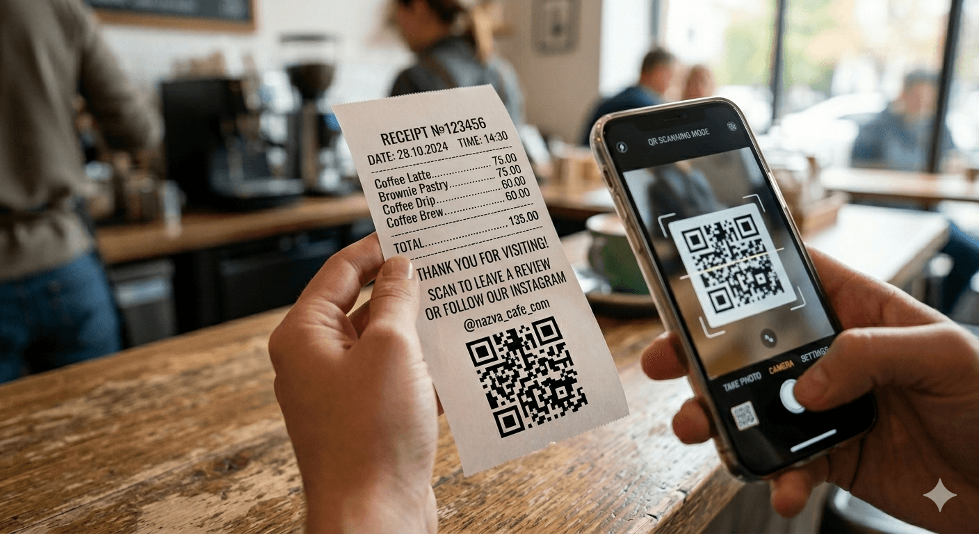 A restaurant receipt with a QR code for feedback collection via the Platoo system.