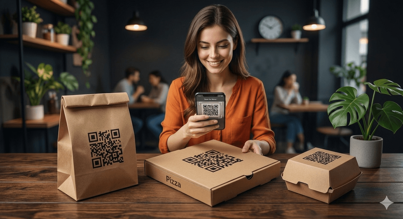 A branded craft paper bag with a Platoo QR code sticker for takeaway orders.