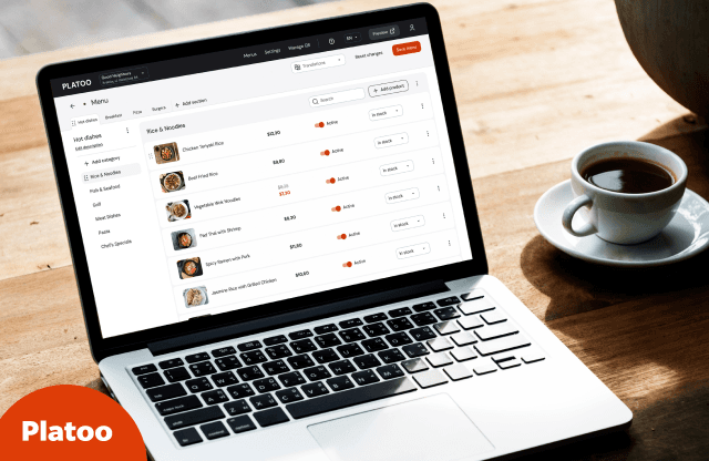 Интерфейс системы управления QR-меню Platoo на ноутбуке: демонстрация экономии на печати, интеграции соцсетей и сбора живой статистики в режиме реального времени