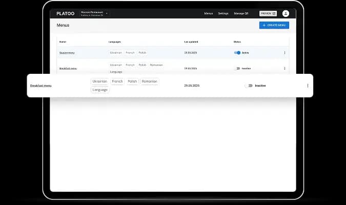 Platoo admin panel showing multiple menus for different seasons and events