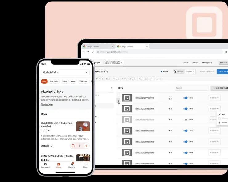 Example of a Platoo digital QR menu and the menu management interface for restaurants and venues