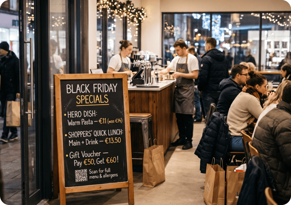 Ein Café an einer Einkaufsstraße am Black Friday: Eine Kreidetafel an der Tür listet die Angebote auf, ein Pastagericht für 11 € statt 14 €, einen schnellen Mittagstisch für Shopper für 13,50 € und einen Gutschein, bei dem man 50 € zahlt und 60 € bekommt, dazu ein QR-Code für die ganze Speisekarte; drinnen sitzen Gäste mit Einkaufstüten an den Tischen
