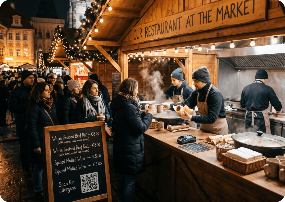 La caseta de madera de un restaurante en un mercado de Navidad por la noche: dos cocineros con delantal y gorro sirven bocadillos de ternera guisada y vino caliente en tazas a una cola de clientes con abrigo, mientras una pizarra junto al mostrador anuncia el bocadillo a 8 € y el vino caliente especiado a 5 € junto a un código QR para los alérgenos
