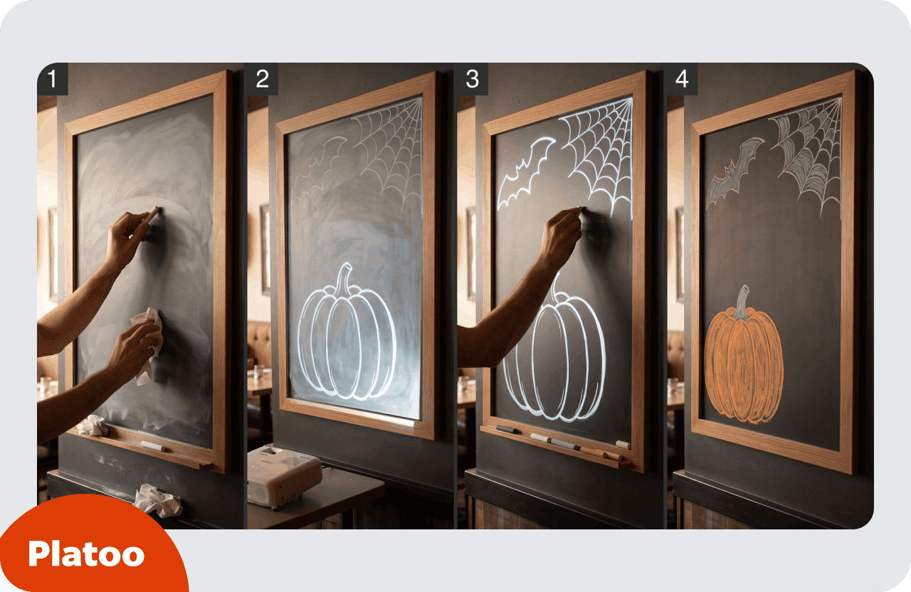 Vier Schritte zur Kreidetafel-Kunst: die Tafel mit Kreide grundieren, einen Kürbis, eine Fledermaus und ein Spinnennetz projizieren, die Umrisse nachzeichnen und die fertige farbige Zeichnung