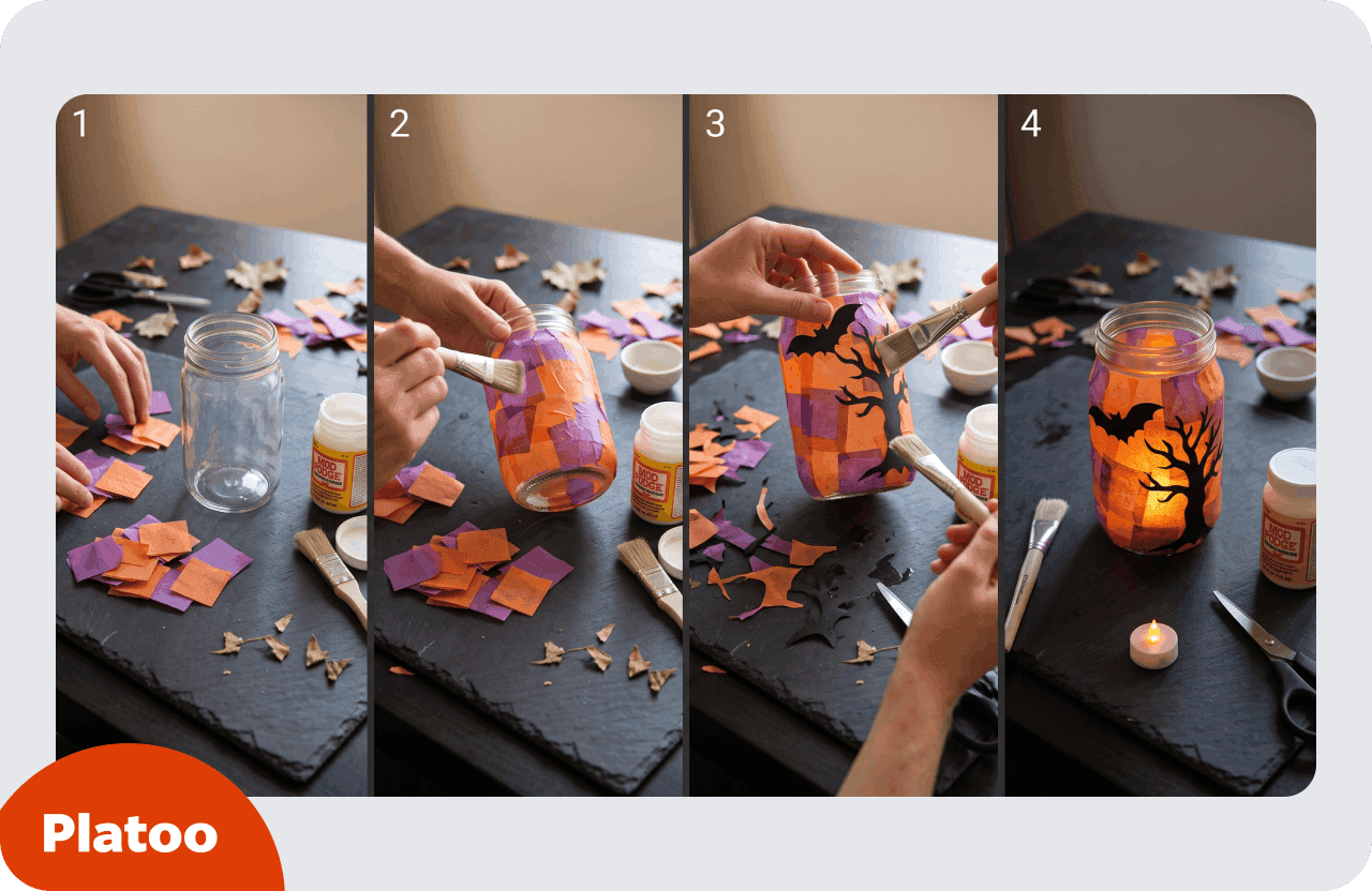 Vier Schritte zur Glaslaterne: Seidenpapier-Quadrate neben einem Glas, das Glas mit Mod Podge bekleben, eine schwarze Silhouette aus Fledermaus und Baum aufbringen und die Laterne, die mit einem LED-Teelicht leuchtet