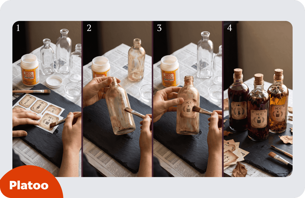 Vier Schritte zu Zaubertrank-Flaschen: gedruckte Etiketten mit Mod Podge versiegeln, eine Flasche mit getöntem Mod Podge auf alt trimmen, das Etikett aufkleben und drei verkorkte Flaschen mit farbiger Flüssigkeit und getrockneten Kräutern