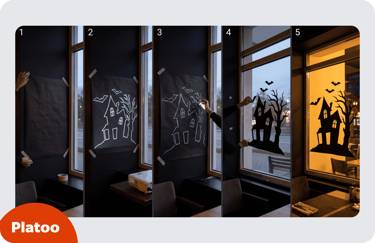 Fünf Schritte zur Fenstersilhouette: schwarzes Papier an die Wand kleben, ein Spukhaus projizieren, mit Kreide nachzeichnen, den Ausschnitt an der Scheibe befestigen und die Silhouette nachts von innen beleuchtet
