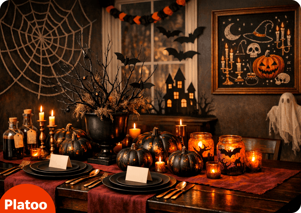 Halloween-Tisch im Restaurant mit schwarz bemalten Kürbissen, einem Gesteck aus schwarzen Zweigen, Glaslaternen, Zaubertrank-Flaschen, einem Spinnennetz aus Wolle, Papierfledermäusen, einer Fenstersilhouette und einem Gespenst aus Mullgaze