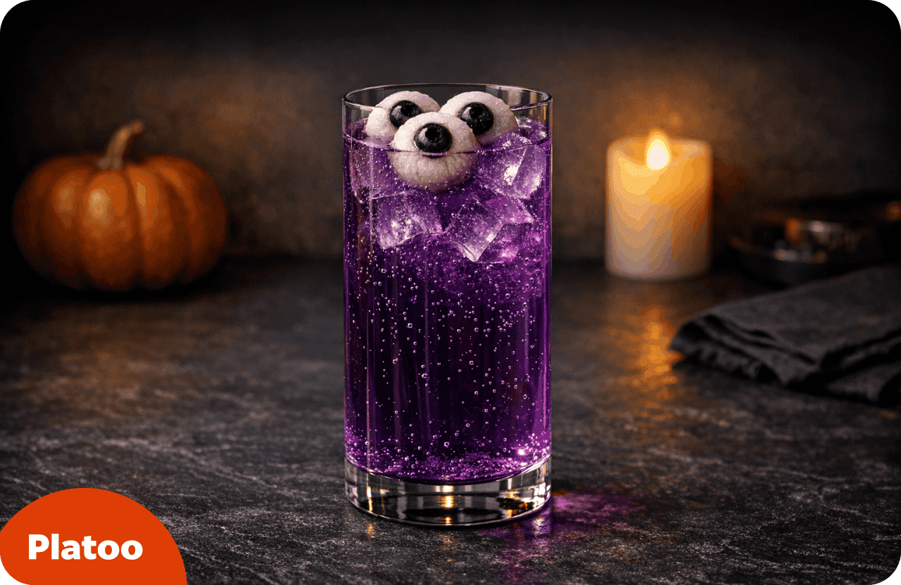 Punch violet aux myrtilles avec des yeux en litchi et myrtille