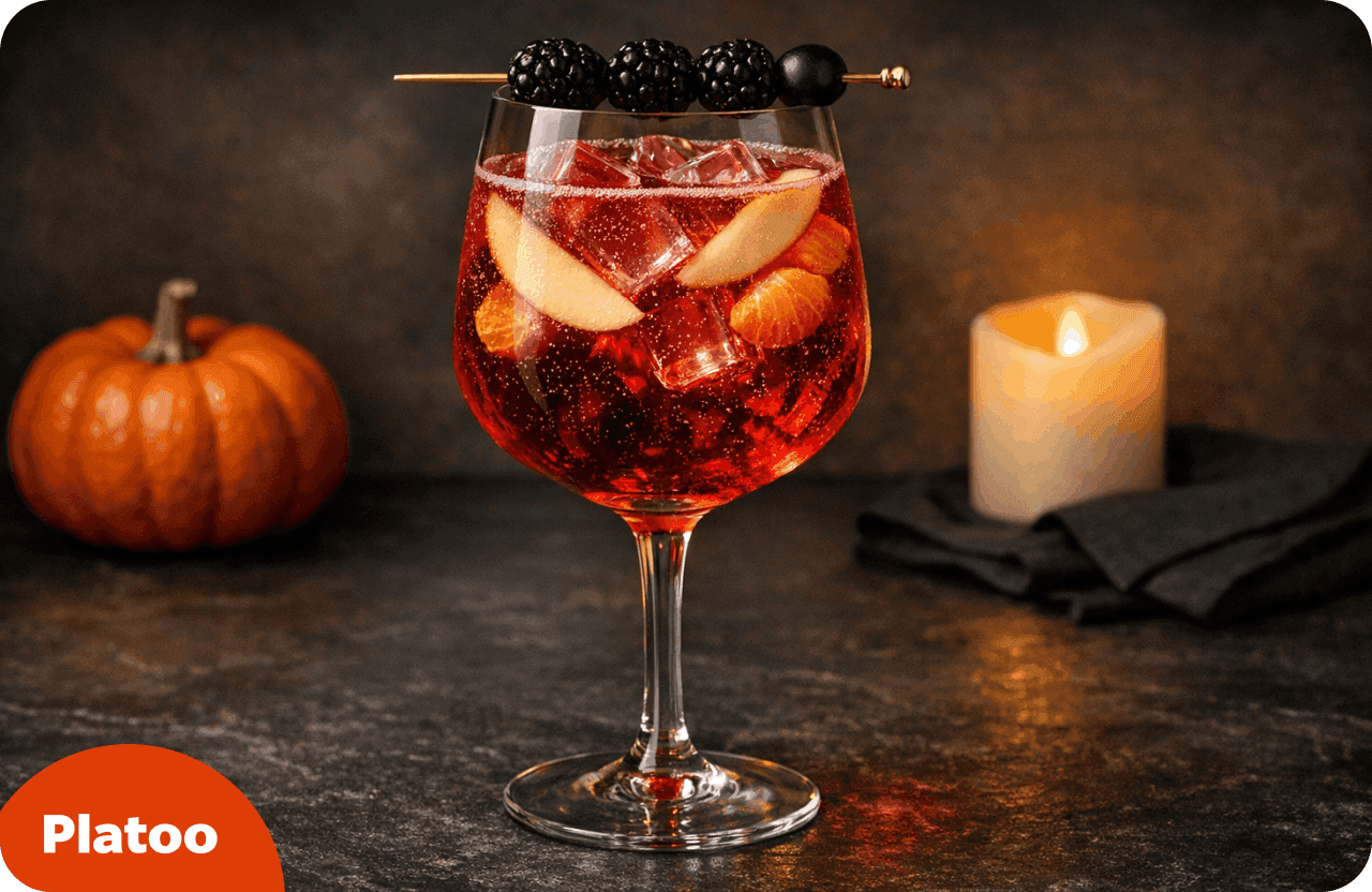 Verre de sangria d’Halloween sans alcool avec des tranches de pomme et d’orange, garni de mûres sur une pique