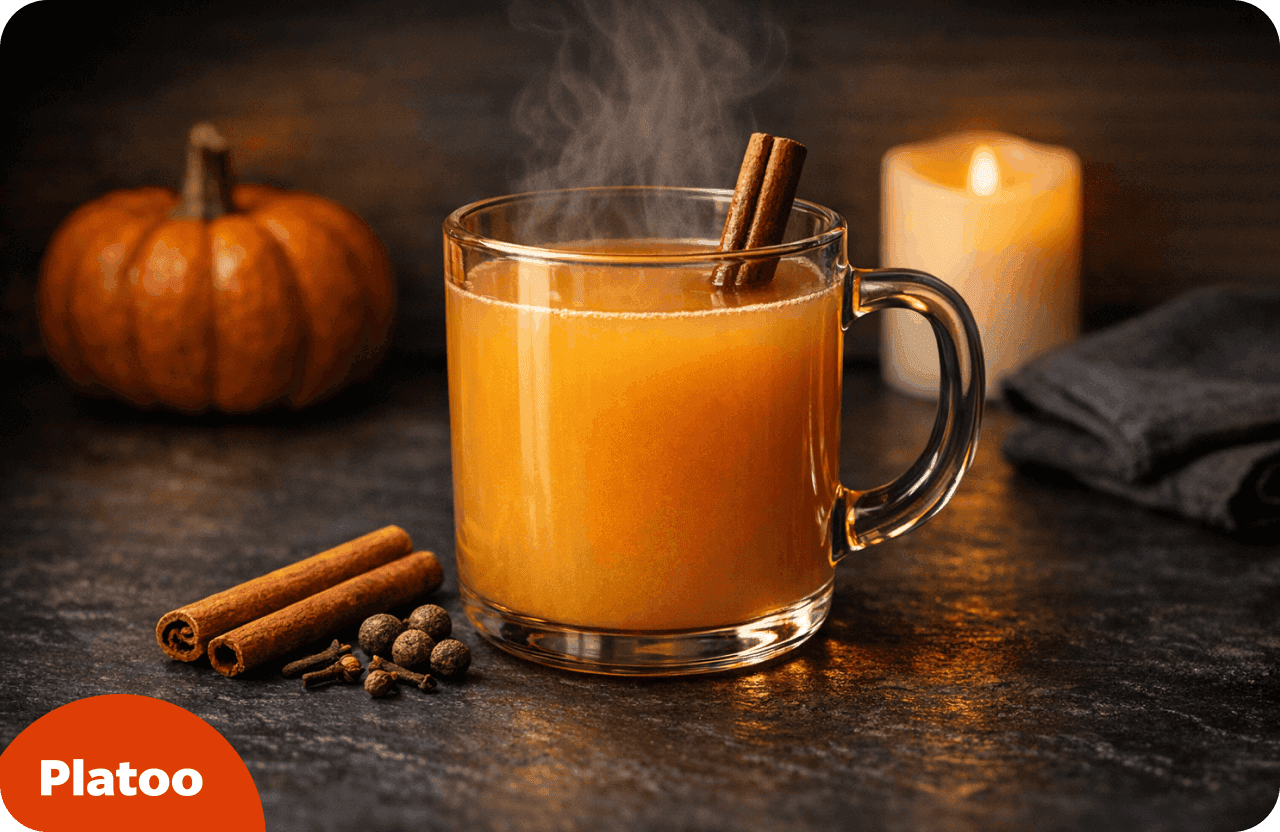 Mug en verre de punch chaud aux pommes épicé avec un bâton de cannelle, à côté de clous de girofle et de piment de la Jamaïque