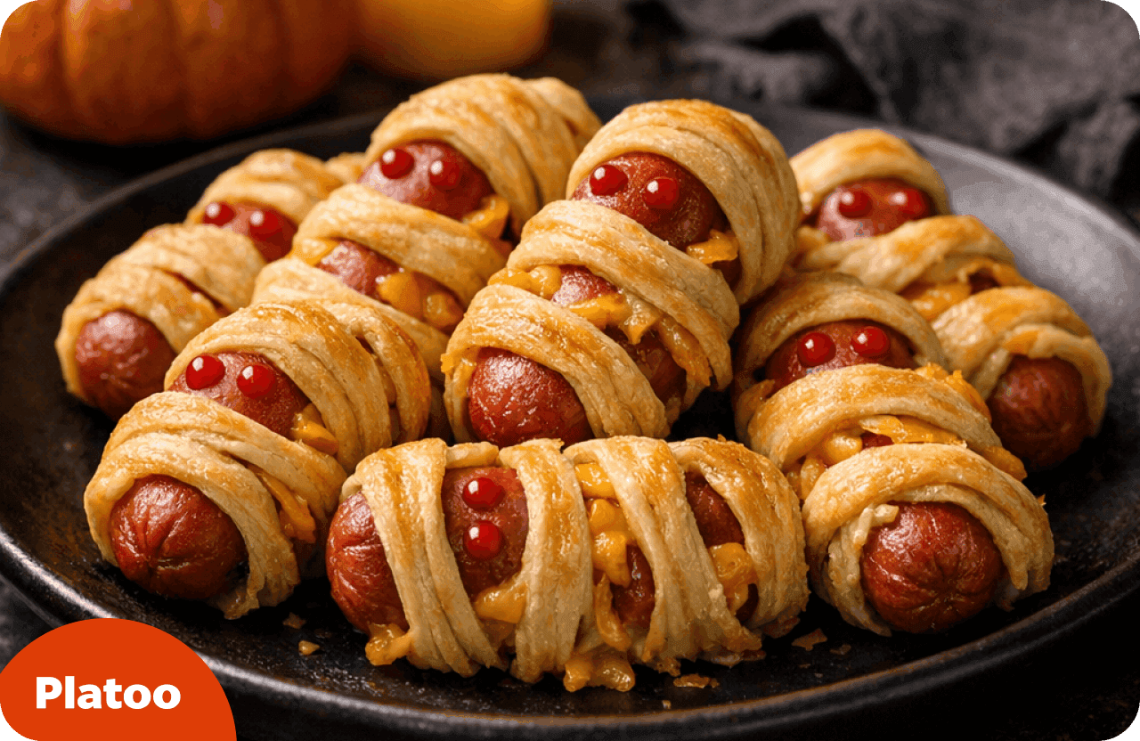Saucisses momies : morceaux de saucisse enroulés dans des bandes de pâte feuilletée, avec des yeux en ketchup