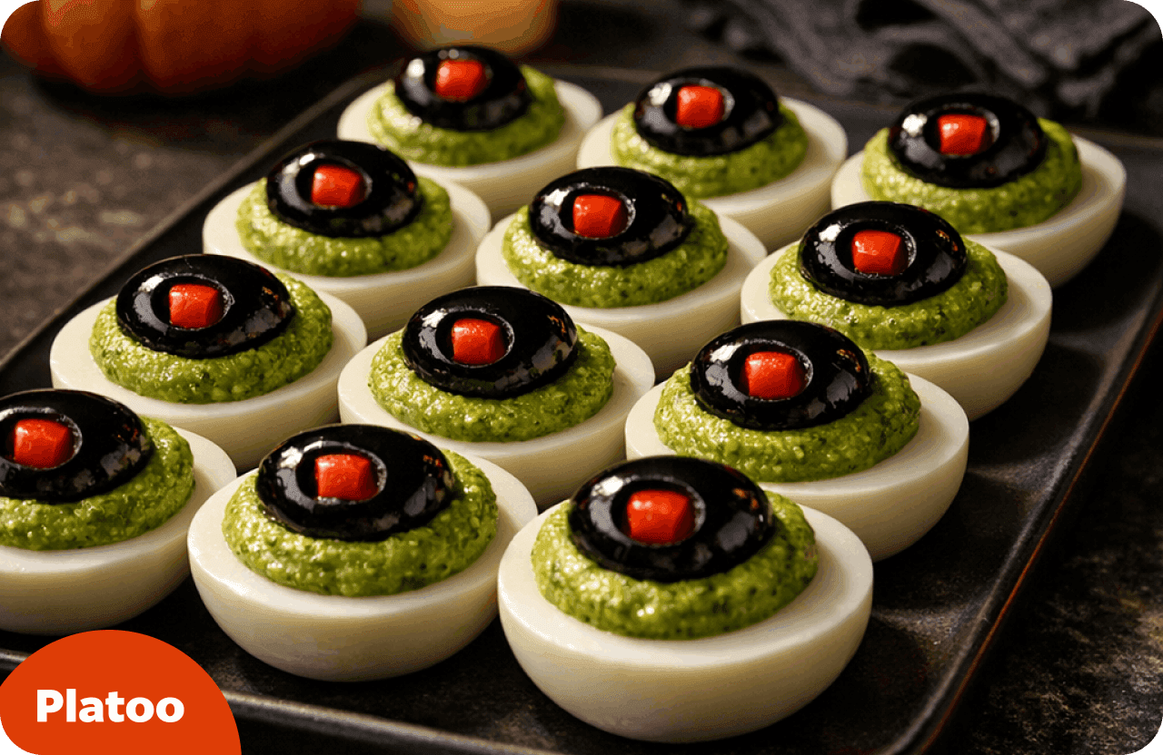 Œufs mimosa à la farce verte au pesto, avec des yeux d’olive et de poivron