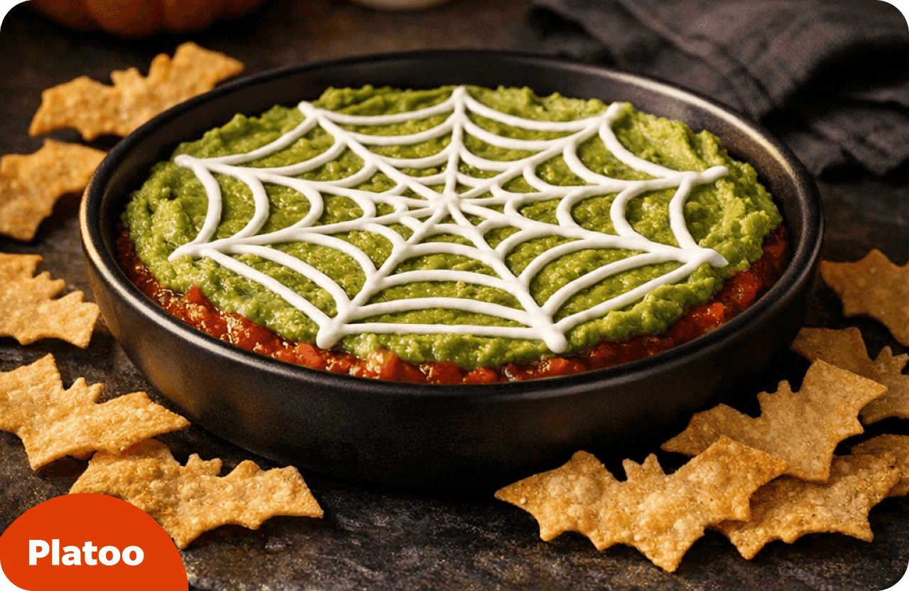 Dip en couches avec une toile d’araignée de crème aigre et des chips de tortilla en forme de chauve-souris