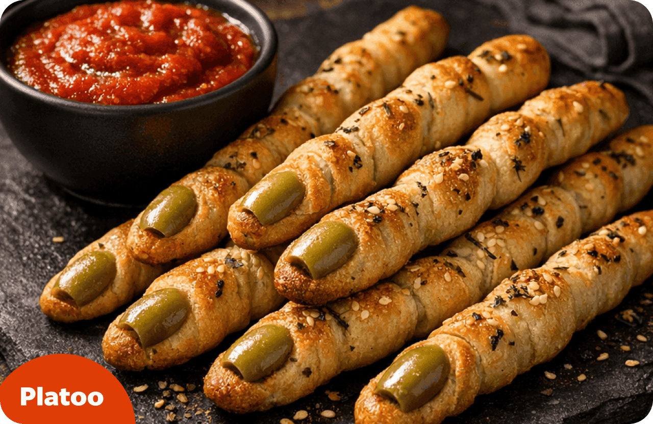 Gressins en forme de doigts de sorcière avec des ongles en olive et une sauce marinara