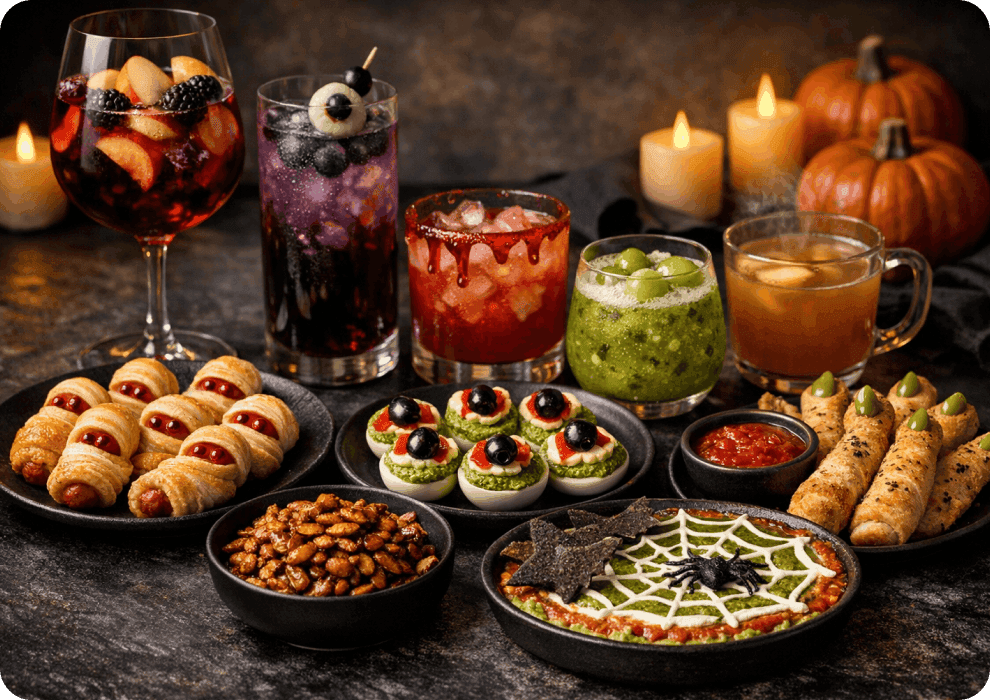 Apéritif d’Halloween sur une table sombre : saucisses momies, œufs yeux d’ogre, dip toile d’araignée, doigts de sorcière, graines de courge épicées et cinq punchs