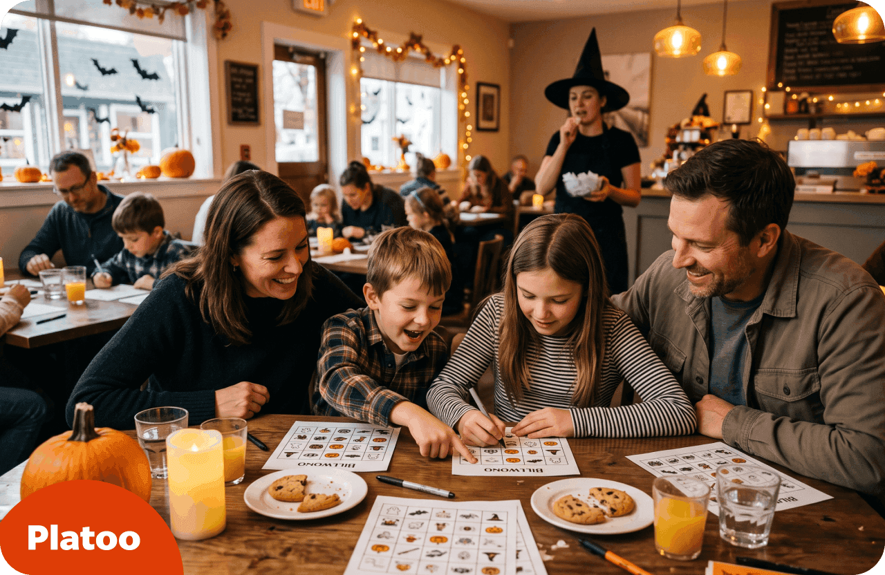 Eine Familie an einem Cafétisch markiert eine Halloween-Bingokarte mit Bildern von Kürbissen und Fledermäusen