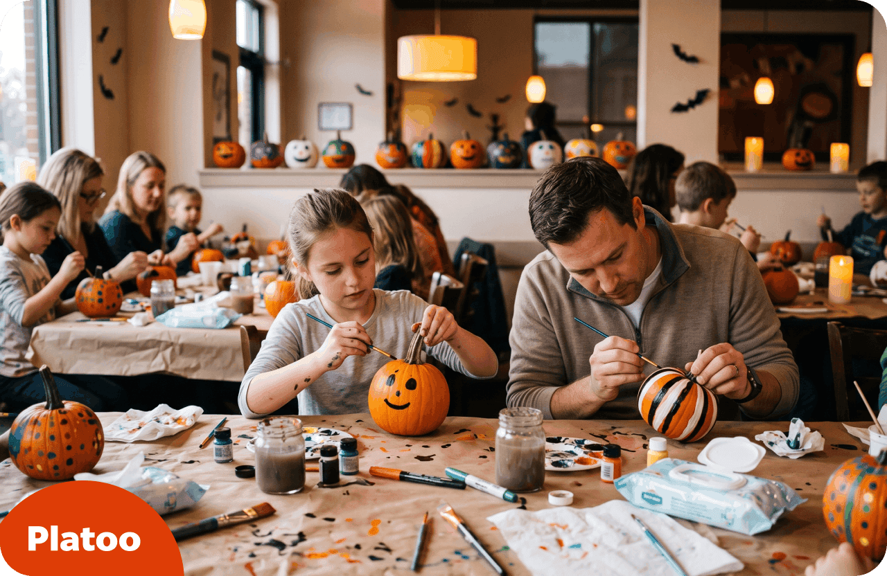 Kinder und Eltern bemalen an einem abgedeckten Restauranttisch kleine Kürbisse mit Acrylfarbe