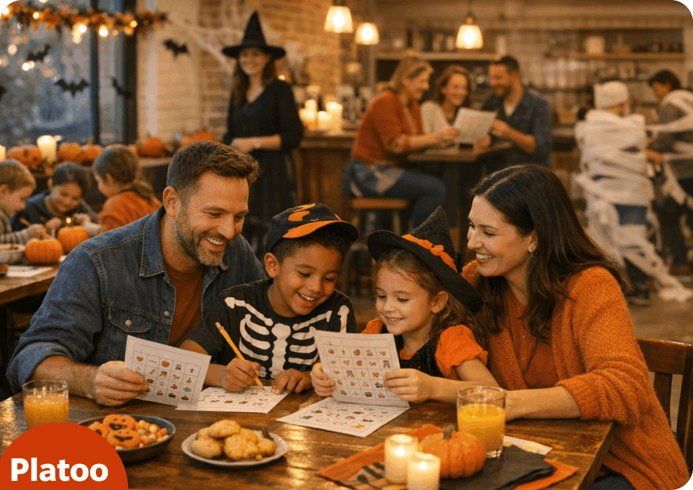 Eine verkleidete Familie spielt an einem Restauranttisch Halloween-Bingo, an der Theke lesen Gäste Quizbögen, im Hintergrund läuft ein Mumien-Wickelrennen