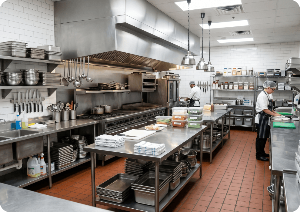 Eine saubere, gut organisierte Restaurantküche: Arbeitsflächen aus Edelstahl, ein Herd unter einer großen Abzugshaube, Kellen und Messer griffbereit an der Wand, Regale mit gestapelten Töpfen und Vorratsbehältern mit Deckel und zwei Köche mit Haarnetz an ihren Stationen