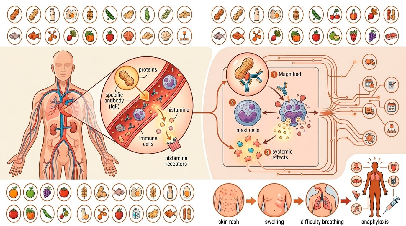 Platoo — food allergy mechanism: explanation of the immune reaction (IgE) to proteins and the risk of anaphylactic shock. The importance of accurate digital labeling of dish compositions to protect guest health.