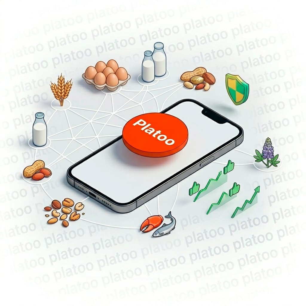 Infographic of priority food allergens for Platoo digital menus: classification of the TOP 14 food groups by prevalence and reaction severity for guest safety.