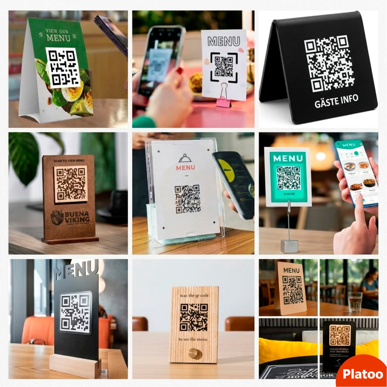 Examples of Platoo QR code placement on various media: acrylic table tents, laser-engraved wooden stands, and metal holders in a modern restaurant interior for quick menu access.