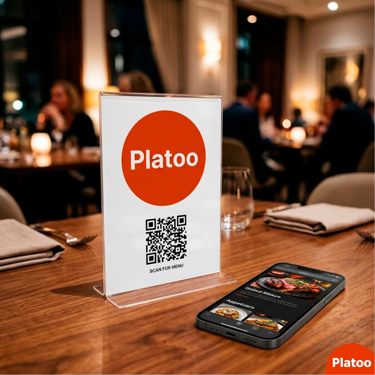 A transparent acrylic table tent with a Platoo QR code on a modern restaurant table.