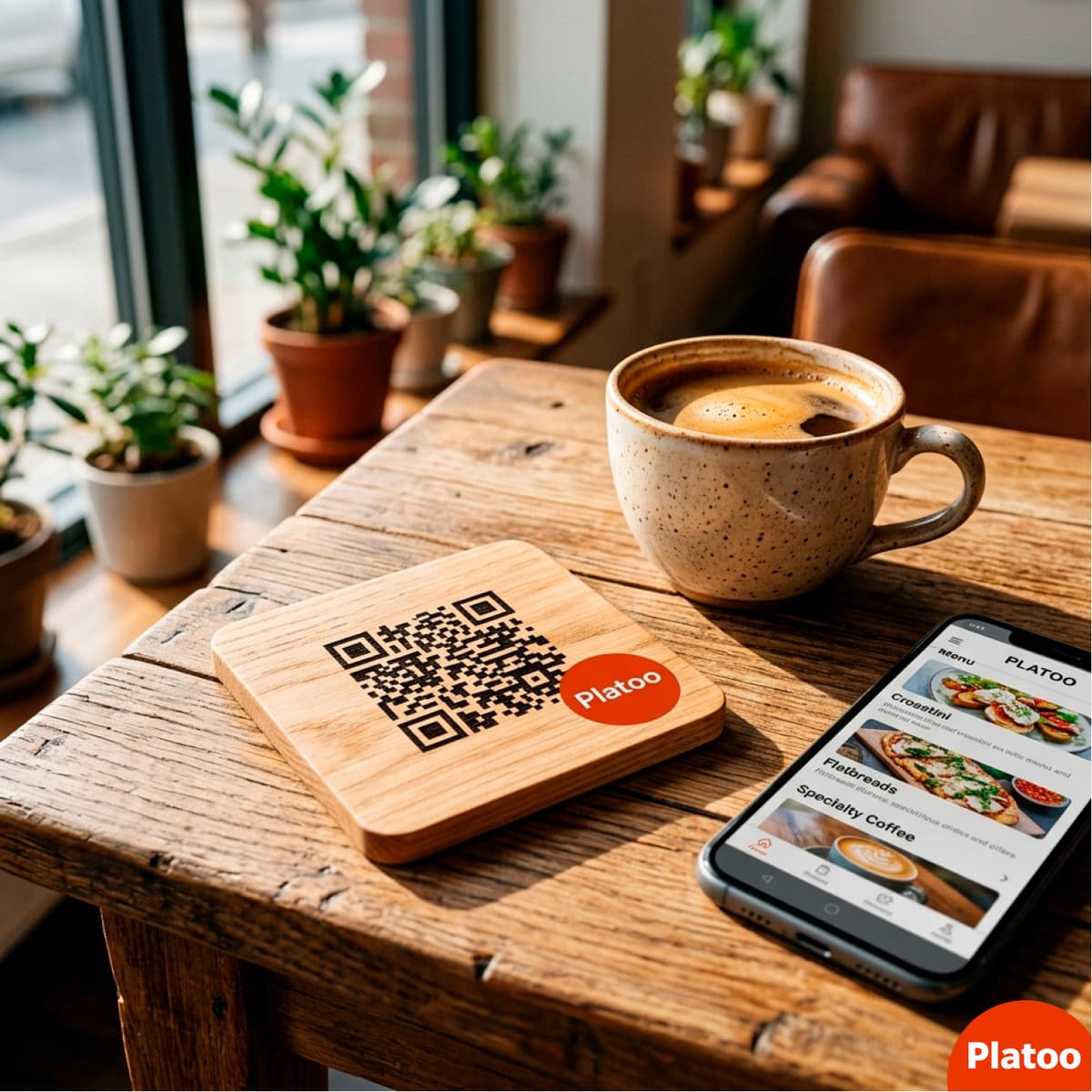A branded wooden stand with a laser-engraved Platoo digital menu QR code.