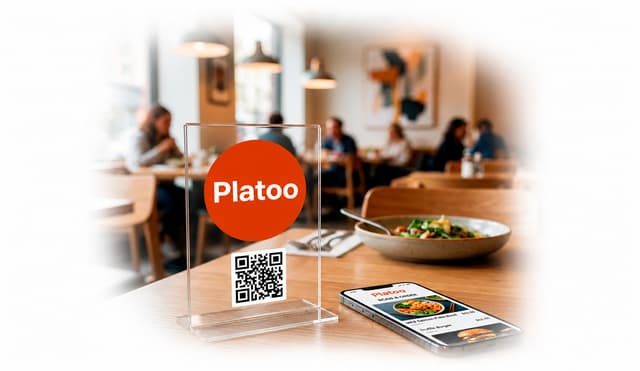 Platoo digital ecosystem image: an example of professional QR code placement on an acrylic table tent in a modern restaurant interior and a smartphone with an interactive menu for instant order access.