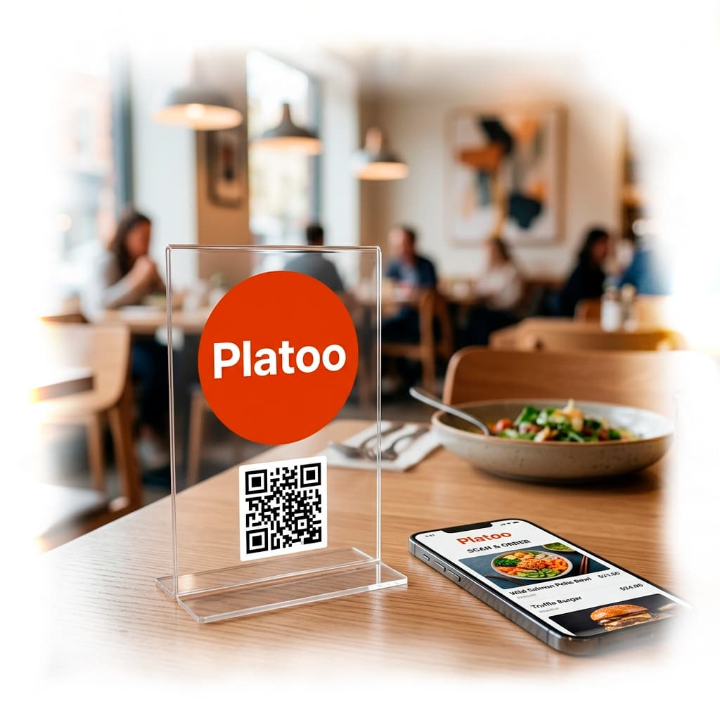 Platoo digital ecosystem image: an example of professional QR code placement on an acrylic table tent in a modern restaurant interior and a smartphone with an interactive menu for instant order access.