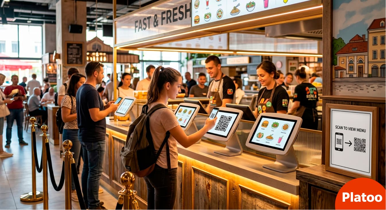 Platoo QR code near the cash register for quick dish selection in line.