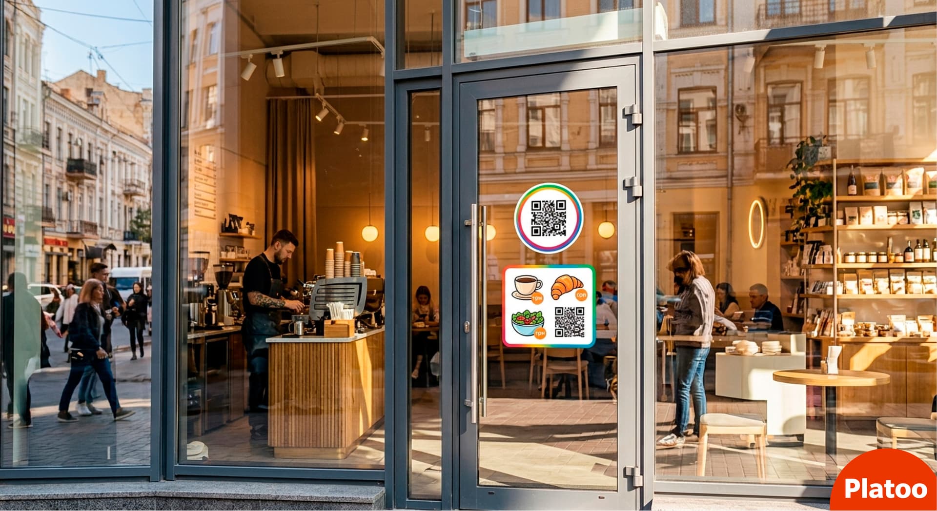 Transparent Platoo QR menu sticker on the glass entrance door of a restaurant.