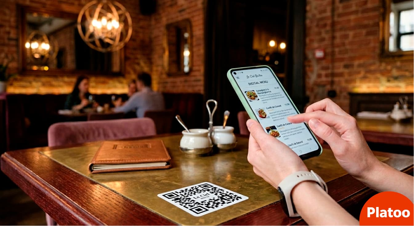 Compact Platoo QR code sticker on the edge of a wooden cafe table.