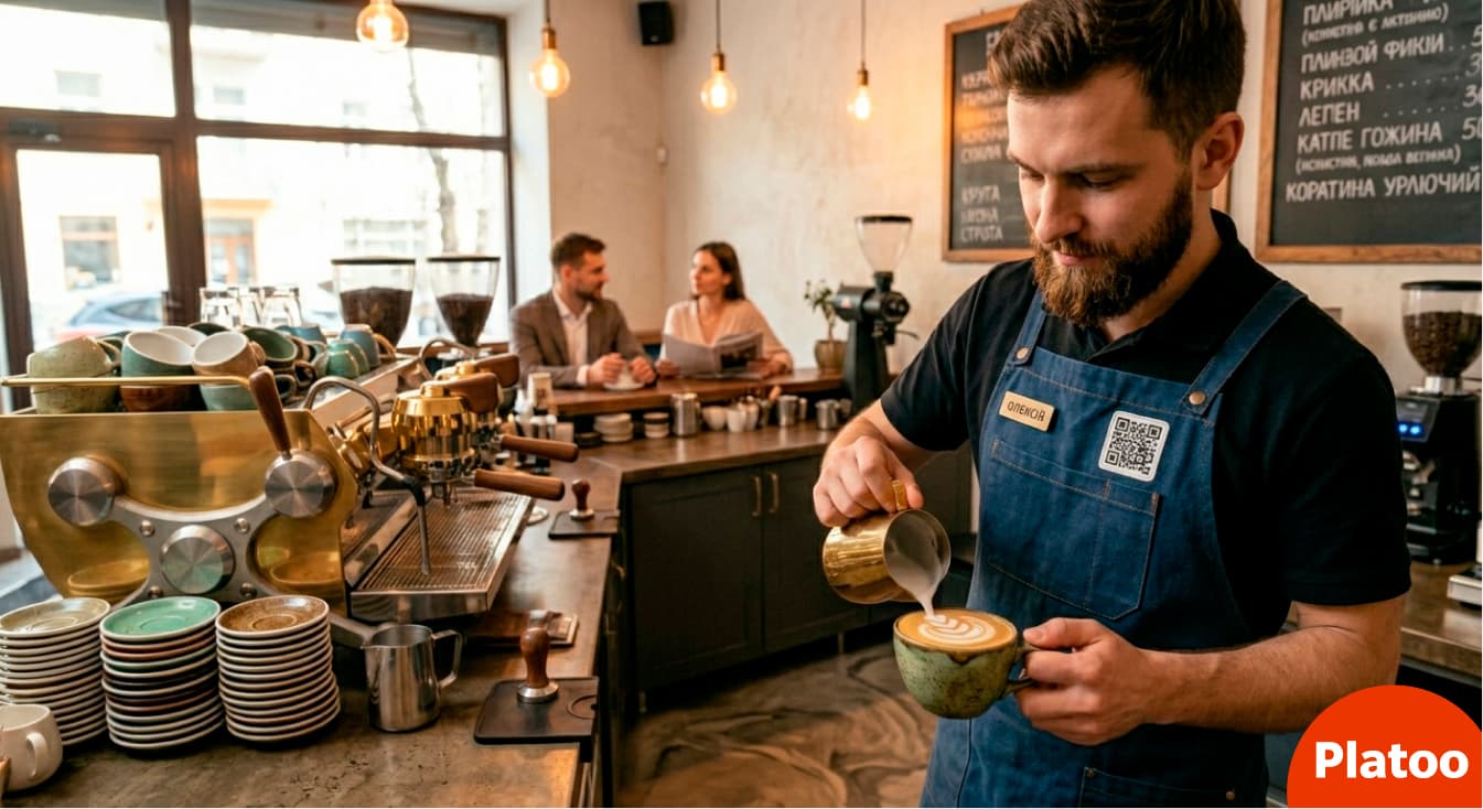 Waiter in an apron with a Platoo QR code for quick guest access to the menu.