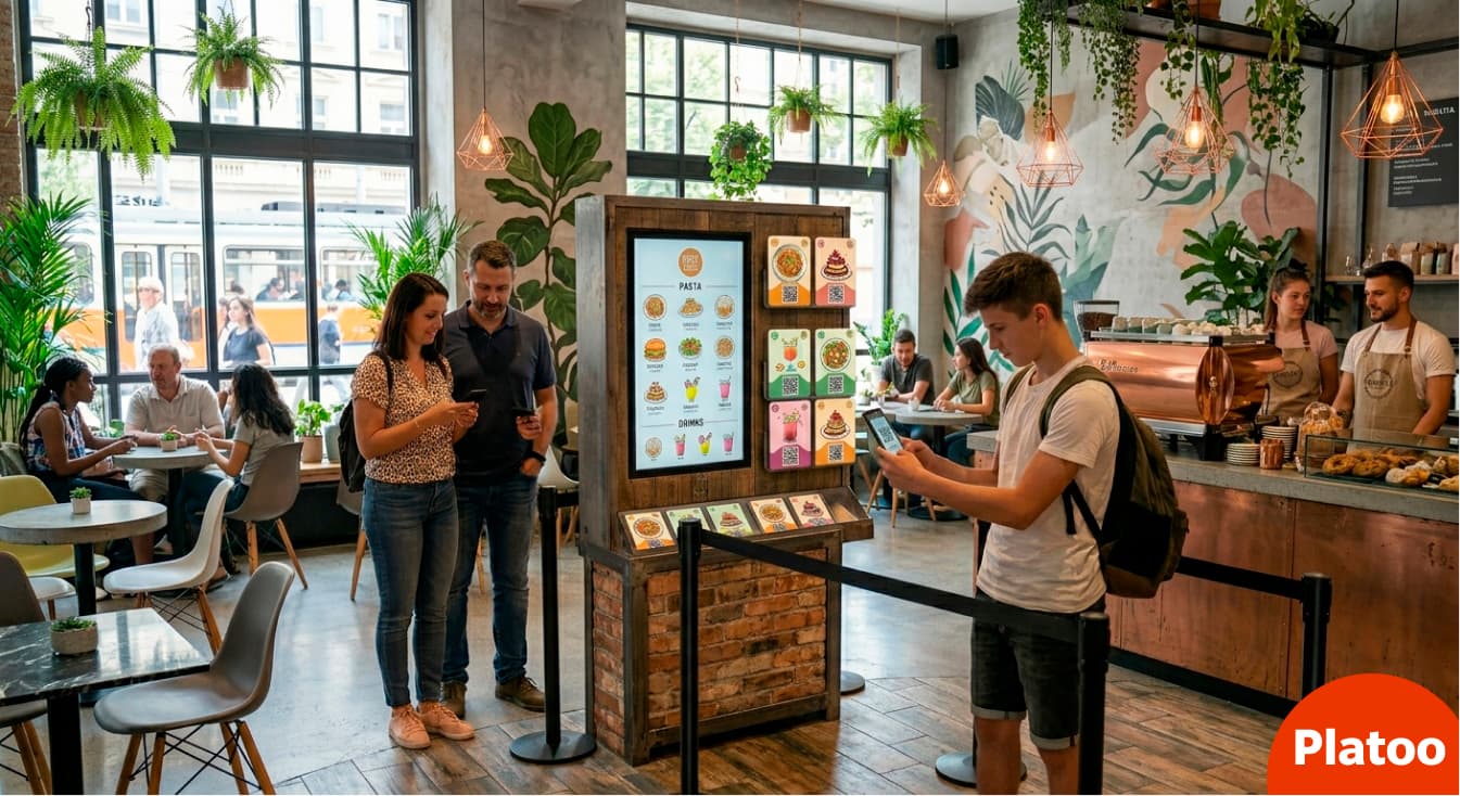 A poster in the restaurant's waiting area with a QR code to explore the Platoo menu.