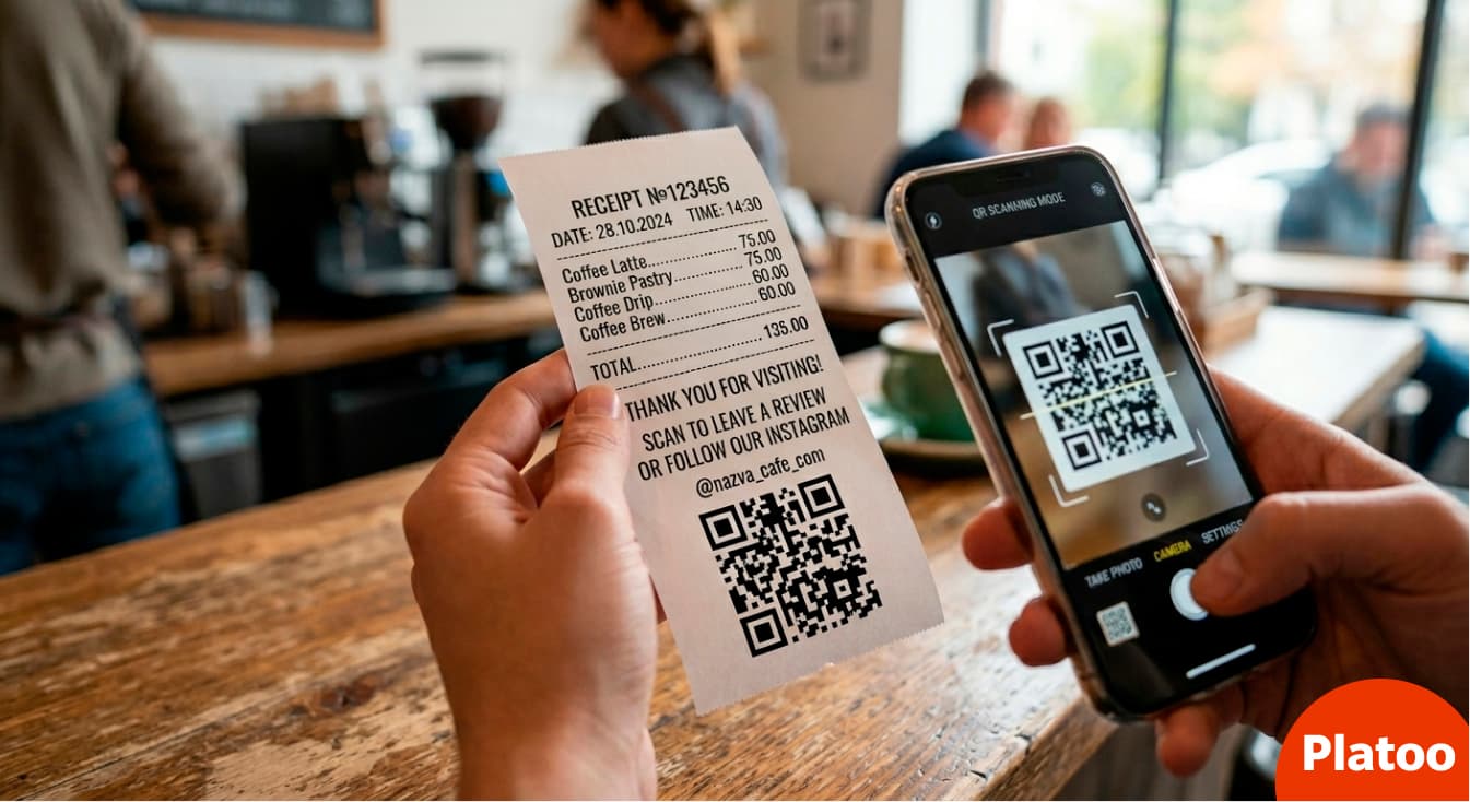 A restaurant receipt with a QR code for feedback collection via the Platoo system.