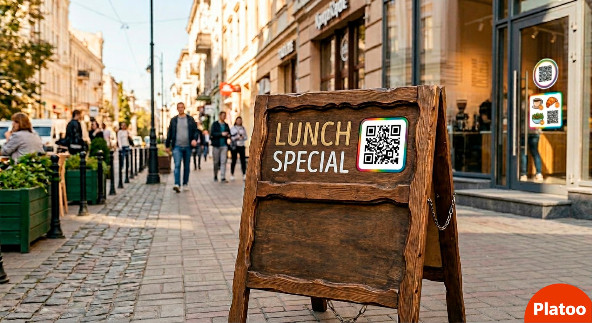 Outdoor sandwich board near a cafe with a QR code for viewing the daily menu.