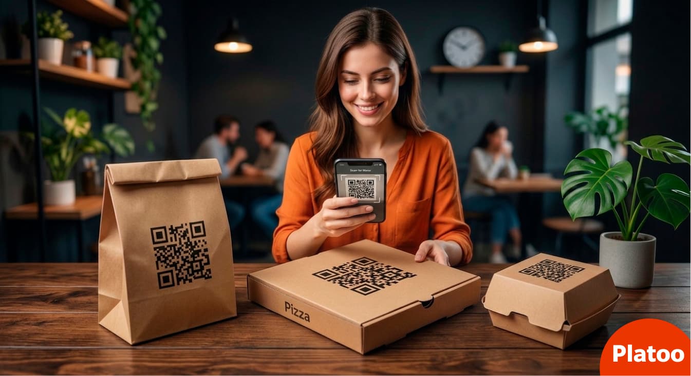 A branded craft paper bag with a Platoo QR code sticker for takeaway orders.